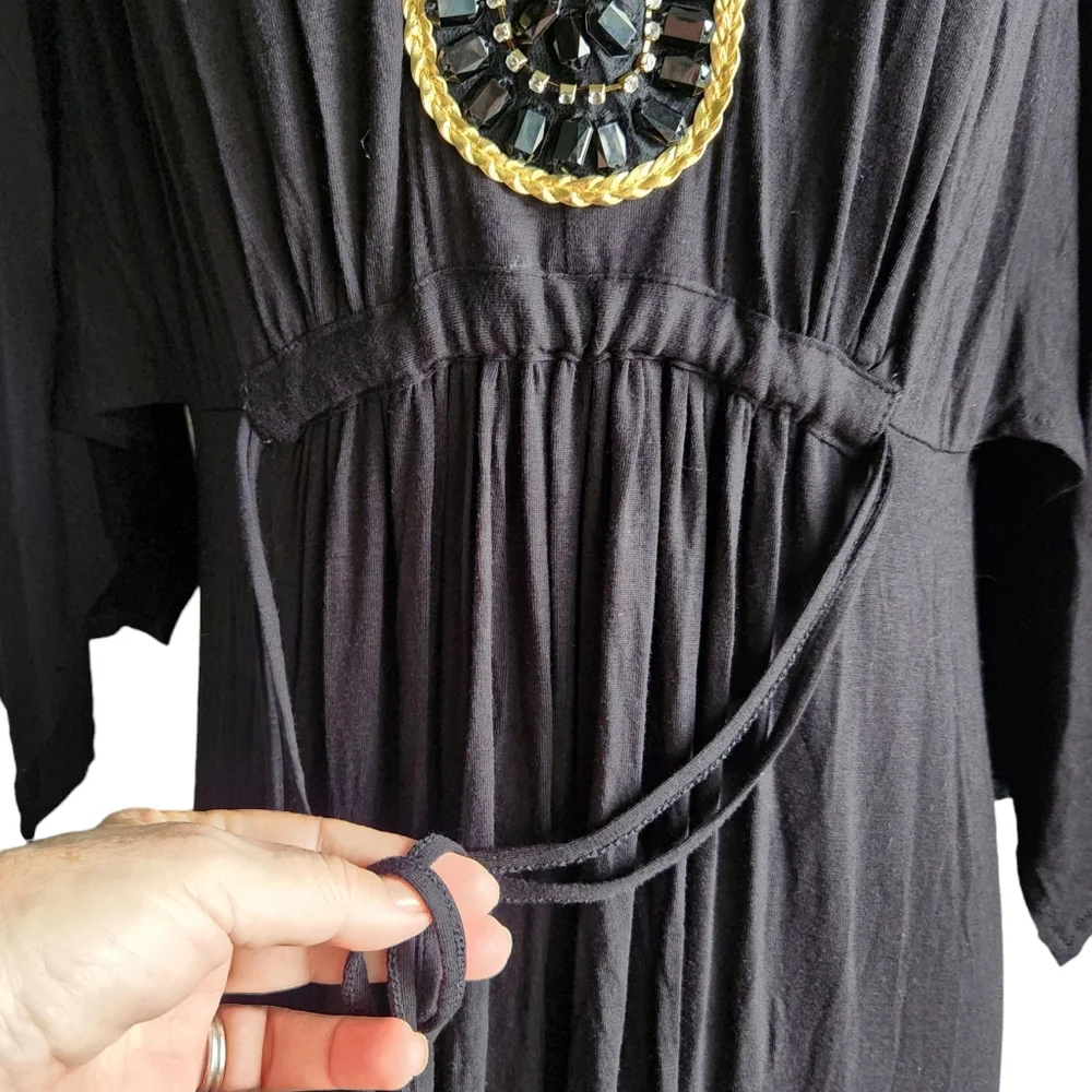 IMAN Beaded Neckline Maxi Dress Black Open Sleeve Size Med Tall NEW